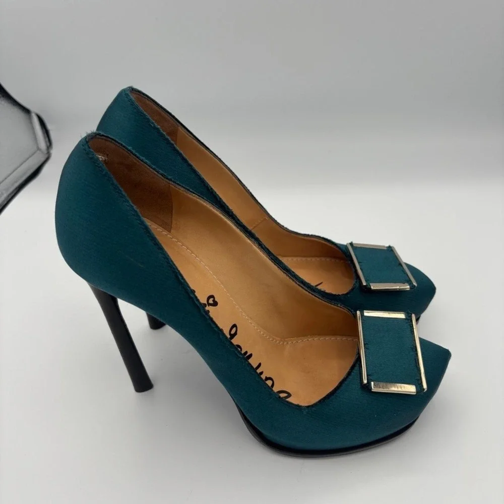 Lanvin Platform Pumps Women Sz 39 Teal Satin Buckle Stiletto Heel Luxury